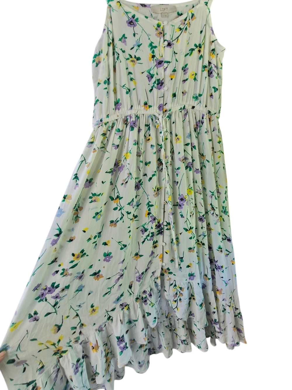LOFT White Floral Button-Front Dress with Purple and Yellow Blooms - Picture 2 of 7